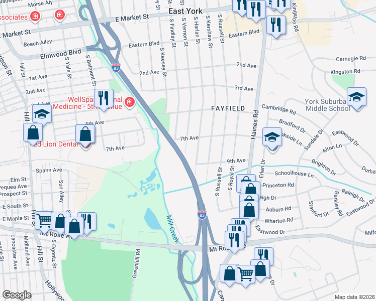 map of restaurants, bars, coffee shops, grocery stores, and more near 731 South Vernon Street in East York