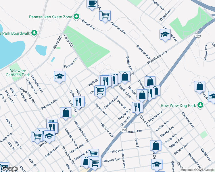 map of restaurants, bars, coffee shops, grocery stores, and more near 2019 Cove Road in Pennsauken Township