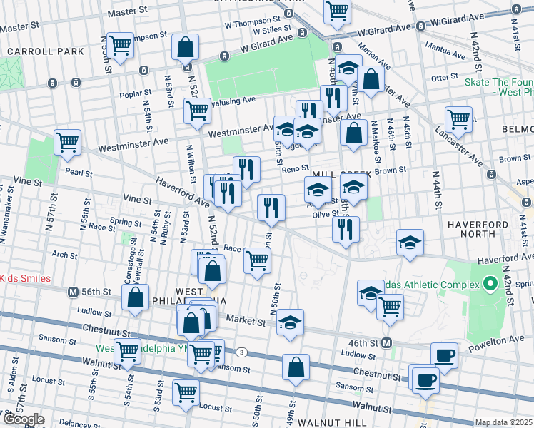 map of restaurants, bars, coffee shops, grocery stores, and more near 5032 Aspen Street in Philadelphia