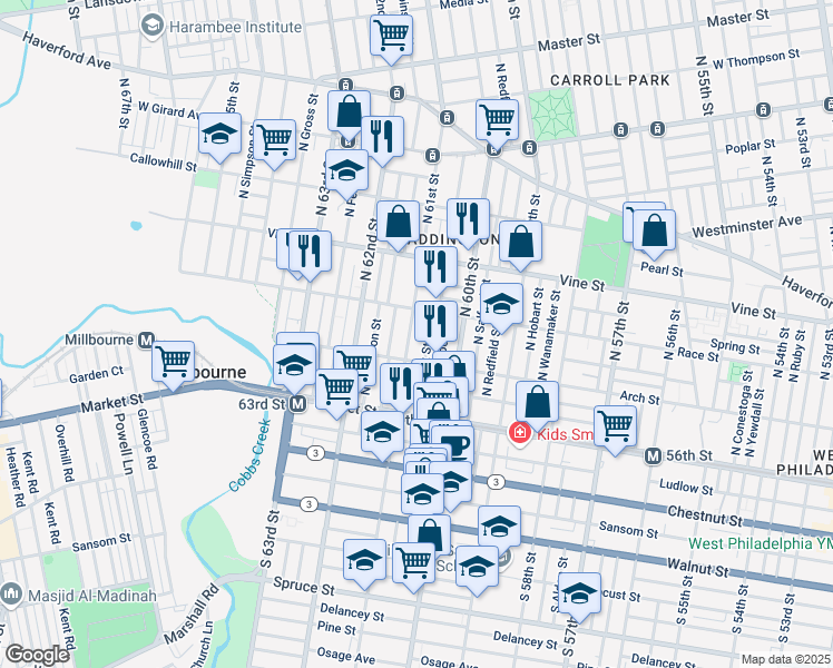 map of restaurants, bars, coffee shops, grocery stores, and more near 135 North 61st Street in Philadelphia