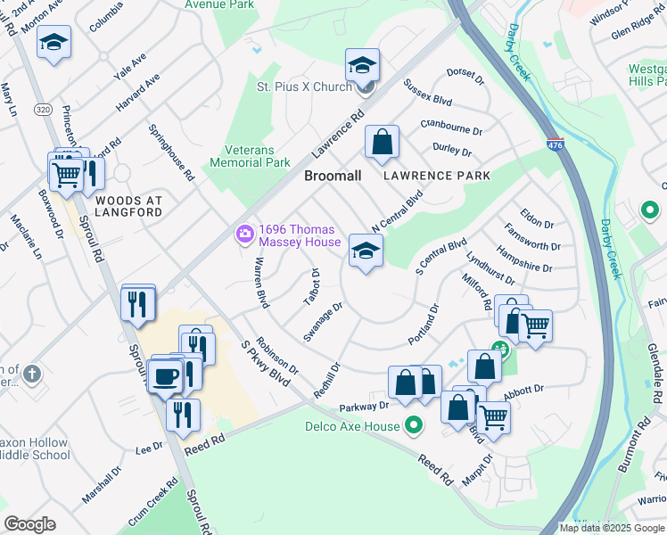 map of restaurants, bars, coffee shops, grocery stores, and more near 346 North Central Boulevard in Broomall
