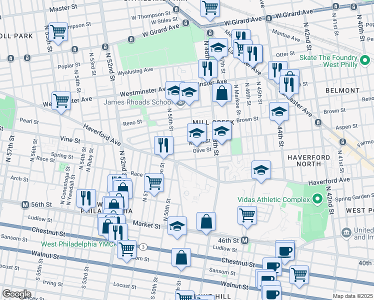 map of restaurants, bars, coffee shops, grocery stores, and more near 4921 Olive Street in Philadelphia