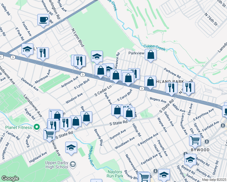 map of restaurants, bars, coffee shops, grocery stores, and more near 32 South Madison Avenue in Delaware County