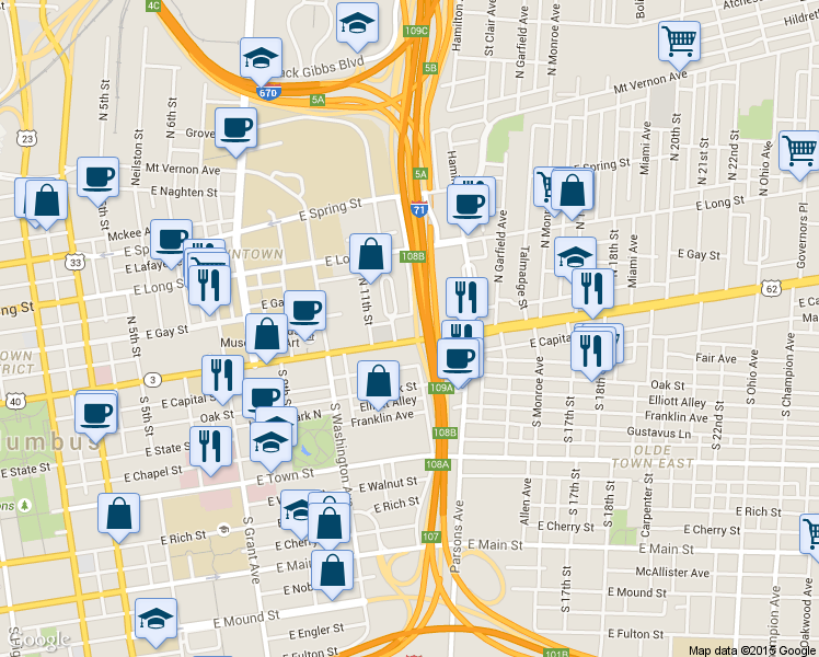 map of restaurants, bars, coffee shops, grocery stores, and more near 630 East Broad Street in Columbus