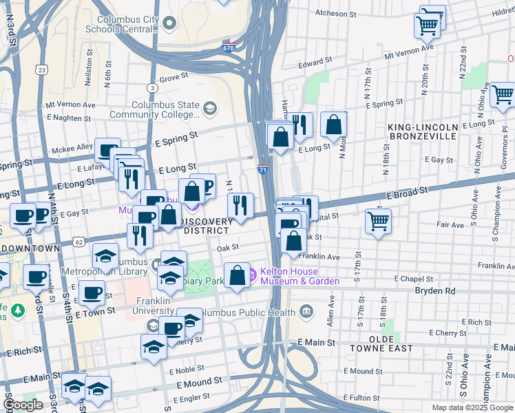 map of restaurants, bars, coffee shops, grocery stores, and more near 630 East Broad Street in Columbus