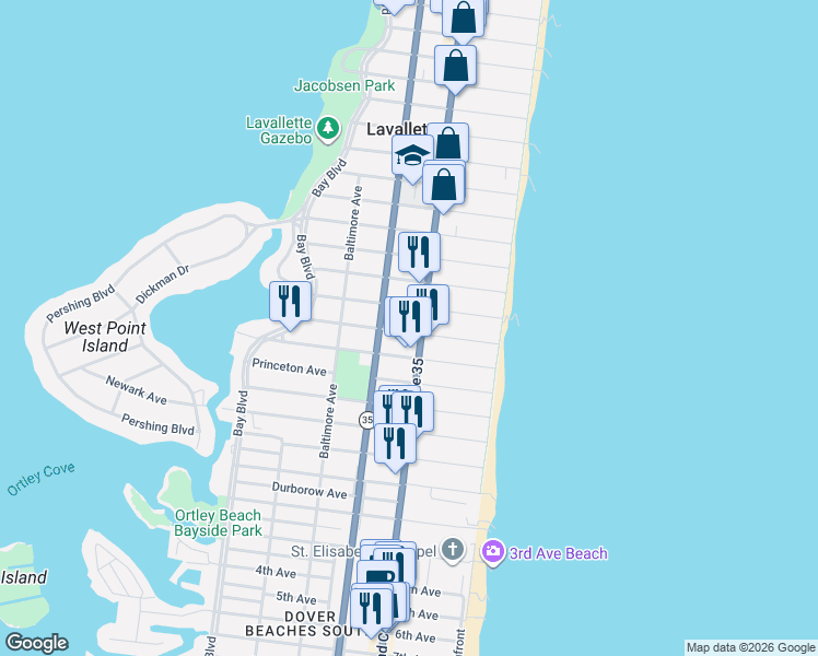 map of restaurants, bars, coffee shops, grocery stores, and more near 1806 Grand Central Avenue in Lavallette