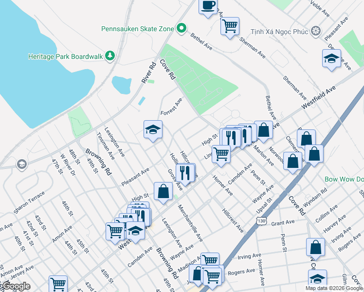 map of restaurants, bars, coffee shops, grocery stores, and more near 1748 Hillcrest Avenue in Pennsauken Township