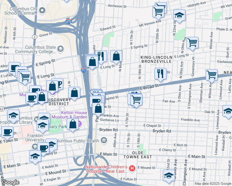 map of restaurants, bars, coffee shops, grocery stores, and more near 807 East Broad Street in Columbus