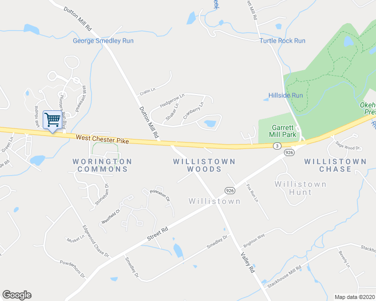 map of restaurants, bars, coffee shops, grocery stores, and more near 2088 Dutton Mill Road in Newtown Square