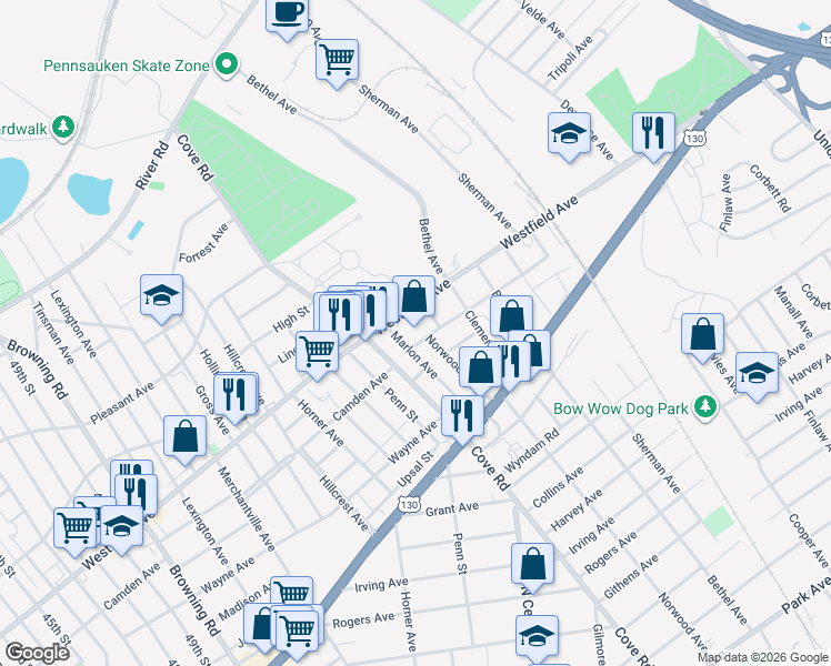 map of restaurants, bars, coffee shops, grocery stores, and more near 6619 Camden Avenue in Pennsauken Township