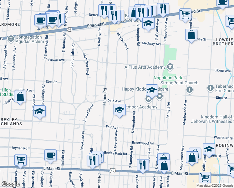 map of restaurants, bars, coffee shops, grocery stores, and more near 352 South Ashburton Road in Columbus