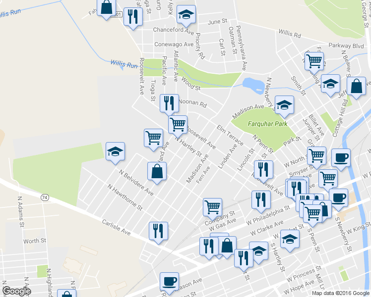 map of restaurants, bars, coffee shops, grocery stores, and more near 505 Pennsylvania Avenue in York