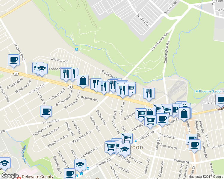 map of restaurants, bars, coffee shops, grocery stores, and more near 22 North State Road in Upper Darby