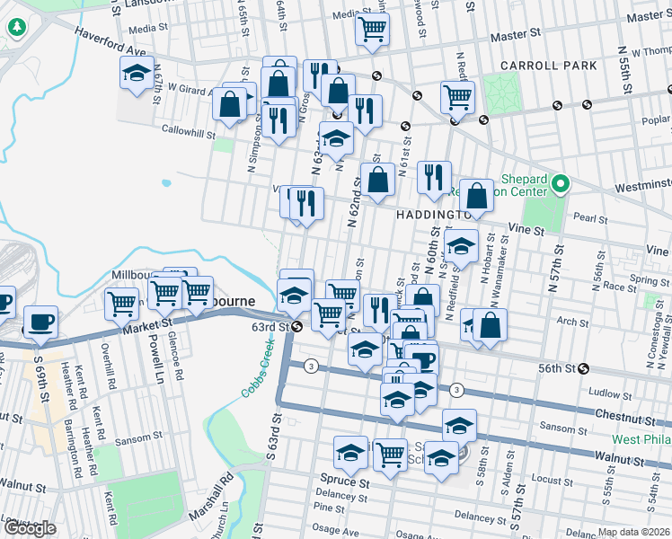 map of restaurants, bars, coffee shops, grocery stores, and more near 6235 Arch Street in Philadelphia