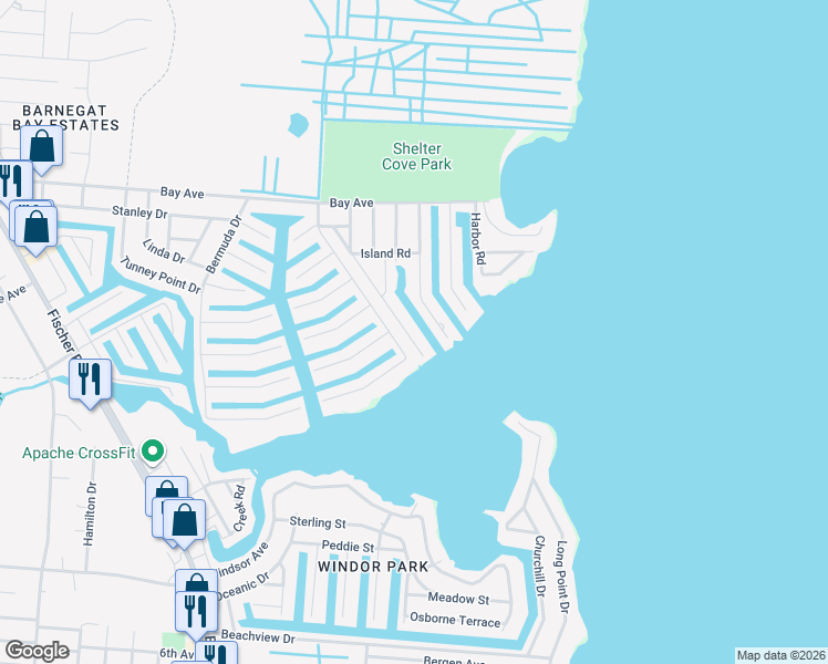 map of restaurants, bars, coffee shops, grocery stores, and more near 11 Cove Road in Toms River