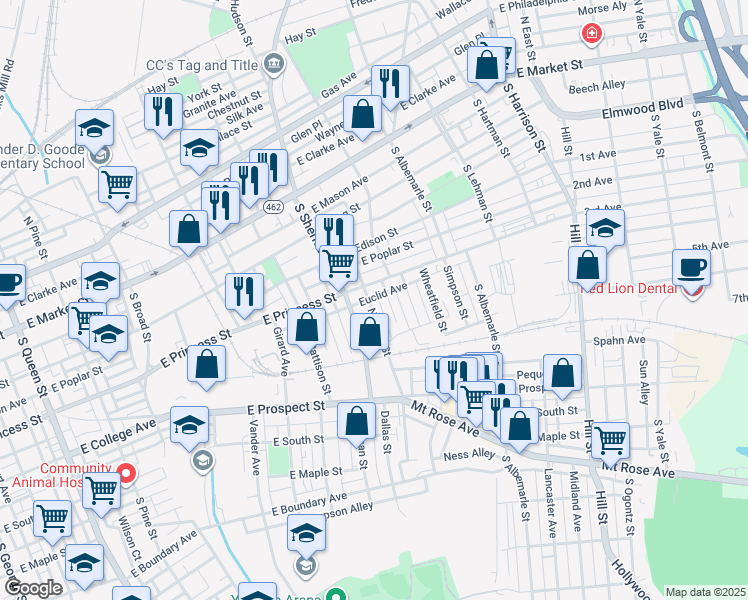 map of restaurants, bars, coffee shops, grocery stores, and more near 319 Norway Street in York