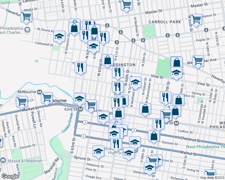 map of restaurants, bars, coffee shops, grocery stores, and more near 135 North 61st Street in Philadelphia
