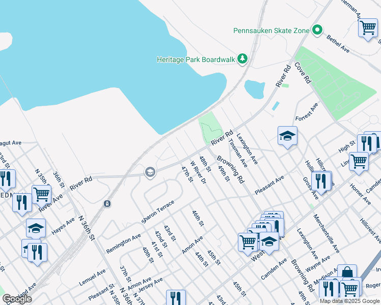 map of restaurants, bars, coffee shops, grocery stores, and more near 4741 River Road in Pennsauken