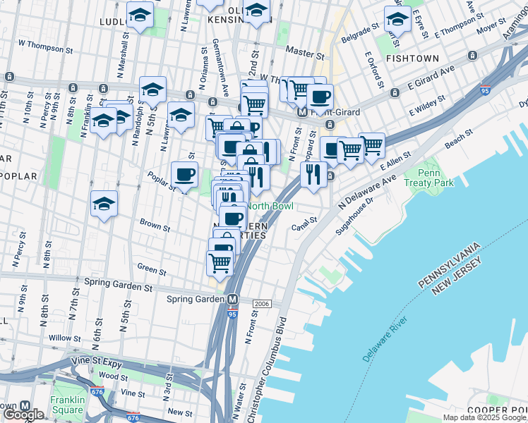 map of restaurants, bars, coffee shops, grocery stores, and more near 500 Admirals Way in Philadelphia