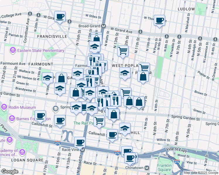 map of restaurants, bars, coffee shops, grocery stores, and more near 635 North 13th Street in Philadelphia