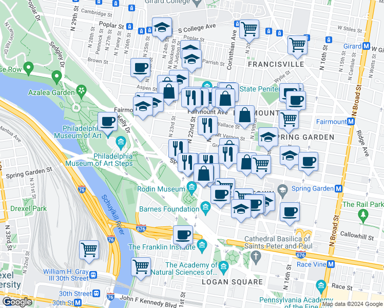map of restaurants, bars, coffee shops, grocery stores, and more near 2128 Brandywine Street in Philadelphia
