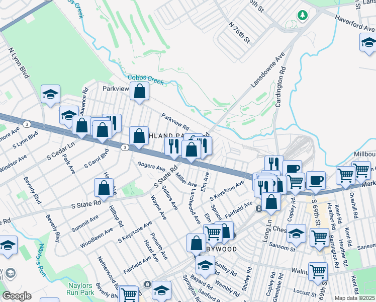 map of restaurants, bars, coffee shops, grocery stores, and more near 22 North State Road in Upper Darby