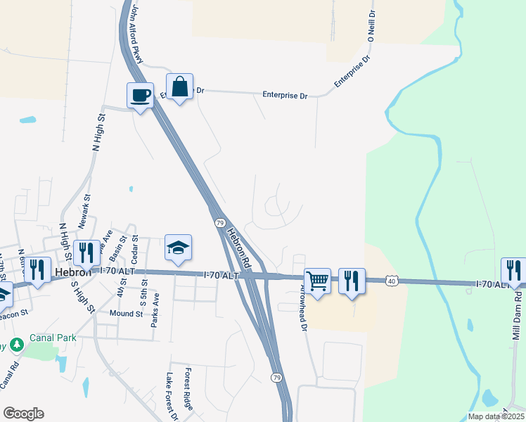 map of restaurants, bars, coffee shops, grocery stores, and more near 204 Raspberry Circle West in Hebron