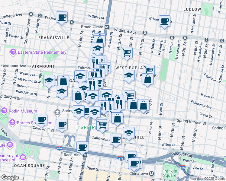 map of restaurants, bars, coffee shops, grocery stores, and more near 635 North 13th Street in Philadelphia