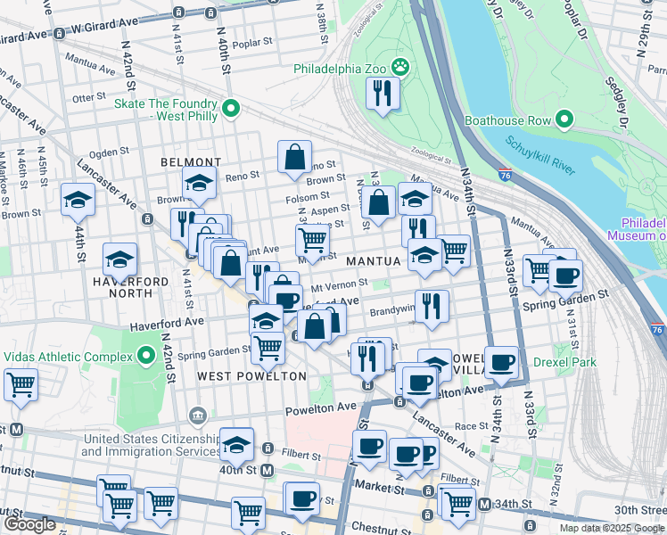 map of restaurants, bars, coffee shops, grocery stores, and more near 3827 Wallace Street in Philadelphia