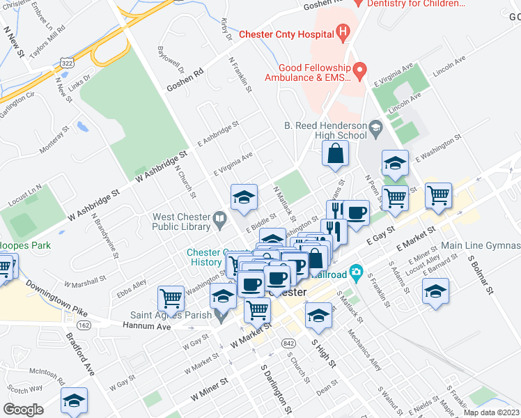 map of restaurants, bars, coffee shops, grocery stores, and more near 421 North Walnut Street in West Chester