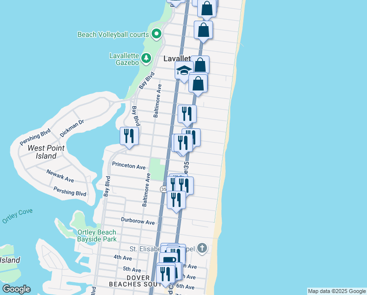 map of restaurants, bars, coffee shops, grocery stores, and more near 1806 Grand Central Avenue in Lavallette