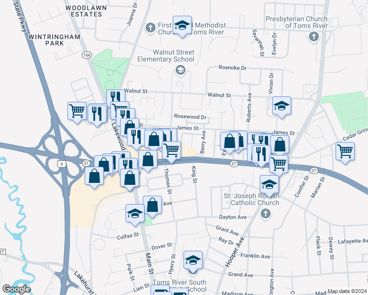 map of restaurants, bars, coffee shops, grocery stores, and more near 913 Bowling Green Dr in Toms River