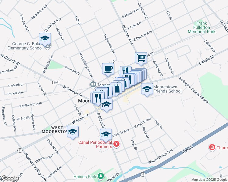 map of restaurants, bars, coffee shops, grocery stores, and more near 124 Mill Street in Moorestown