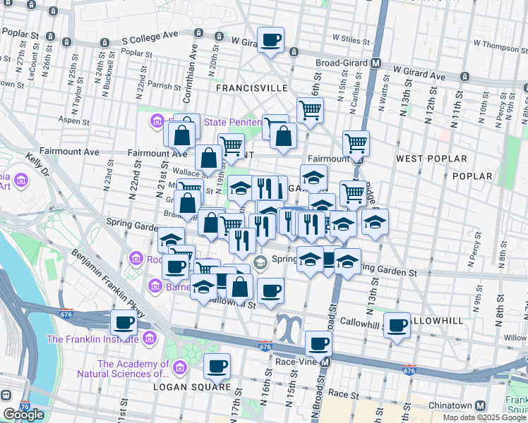 map of restaurants, bars, coffee shops, grocery stores, and more near 1705 Green Street in Philadelphia