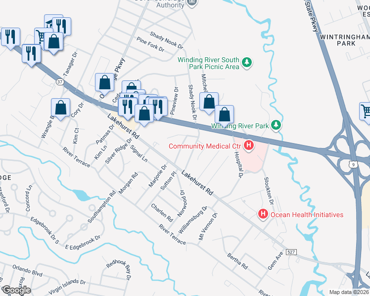 map of restaurants, bars, coffee shops, grocery stores, and more near 21 Ridgewood Drive in Toms River