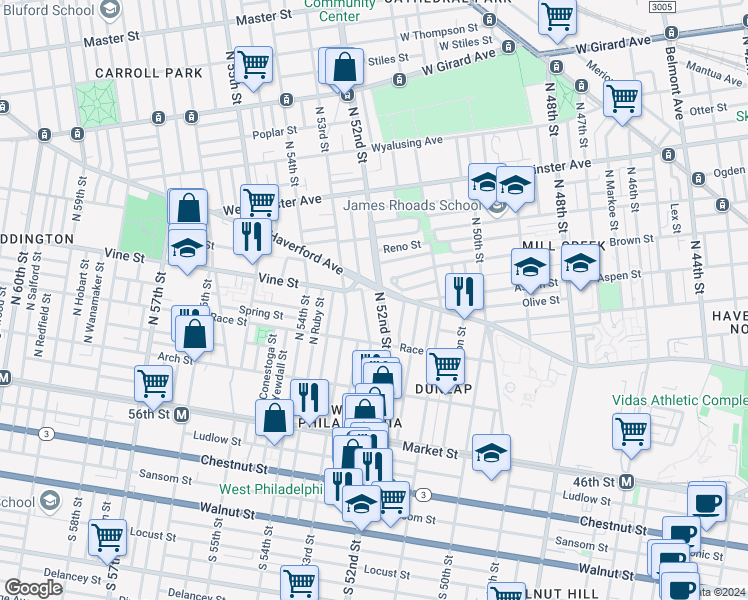 map of restaurants, bars, coffee shops, grocery stores, and more near 250 North 52nd Street in Philadelphia