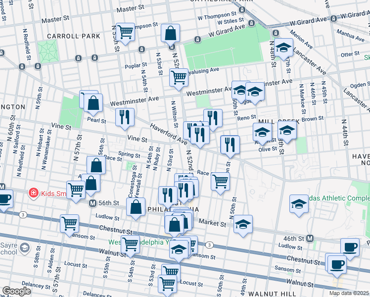 map of restaurants, bars, coffee shops, grocery stores, and more near 250 North 52nd Street in Philadelphia