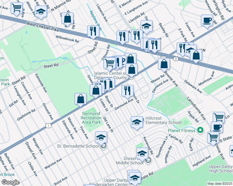 map of restaurants, bars, coffee shops, grocery stores, and more near 1238 Harding Drive in Havertown
