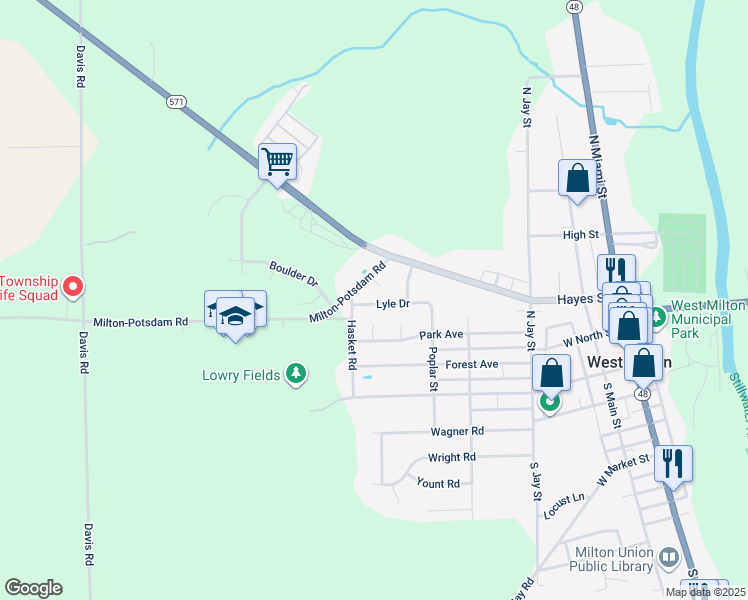 map of restaurants, bars, coffee shops, grocery stores, and more near 486 Lyle Drive in West Milton