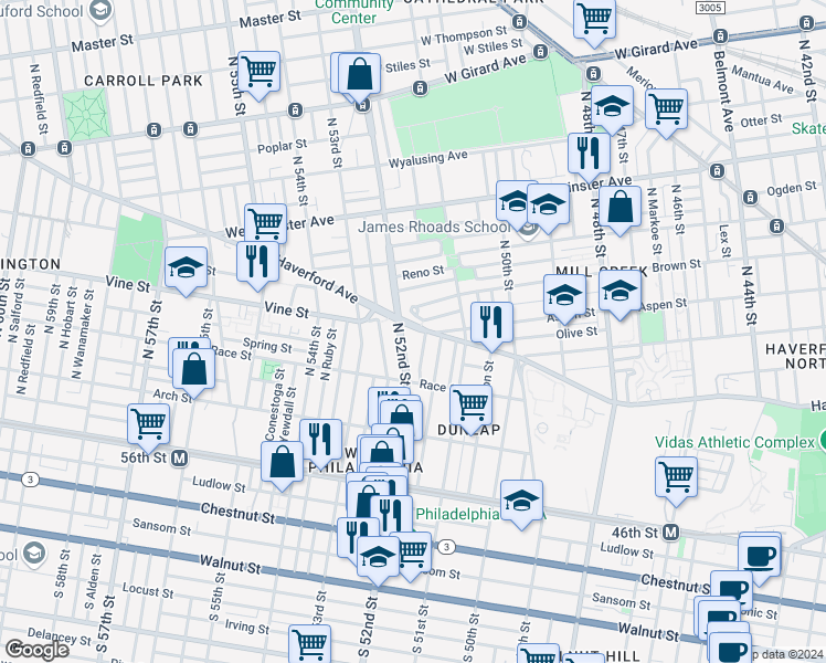 map of restaurants, bars, coffee shops, grocery stores, and more near 5156 Haverford Avenue in Philadelphia