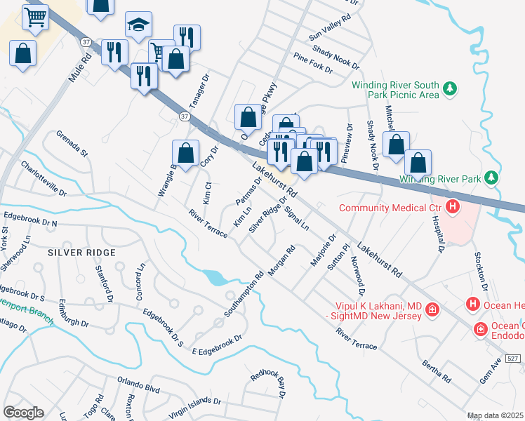 map of restaurants, bars, coffee shops, grocery stores, and more near 18 Silver Ridge Dr in Toms River