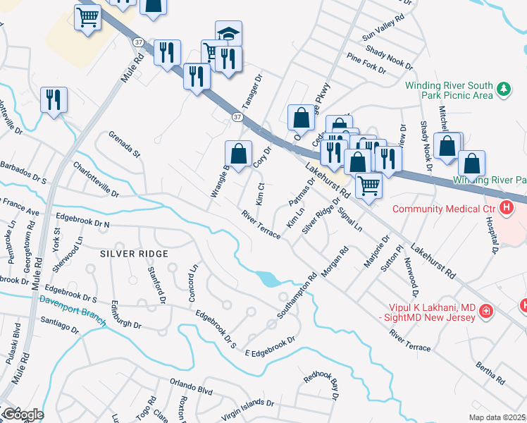 map of restaurants, bars, coffee shops, grocery stores, and more near 58 Kim Court in Toms River