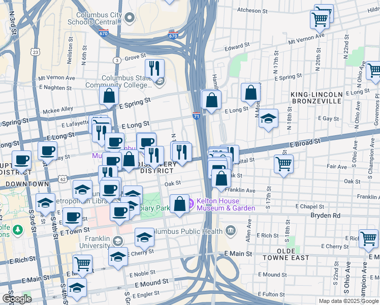 map of restaurants, bars, coffee shops, grocery stores, and more near 600 East Broad Street in Columbus