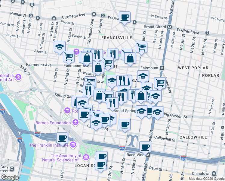 map of restaurants, bars, coffee shops, grocery stores, and more near North 18th Street & Green Street in Philadelphia