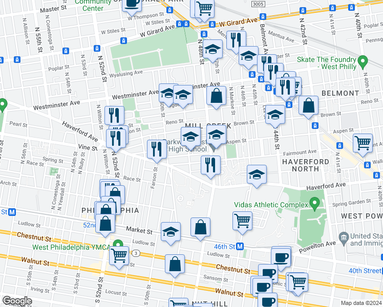 map of restaurants, bars, coffee shops, grocery stores, and more near 111 North 49th Street in Philadelphia