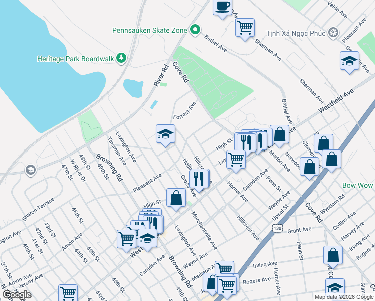 map of restaurants, bars, coffee shops, grocery stores, and more near 1748 Hillcrest Avenue in Pennsauken Township