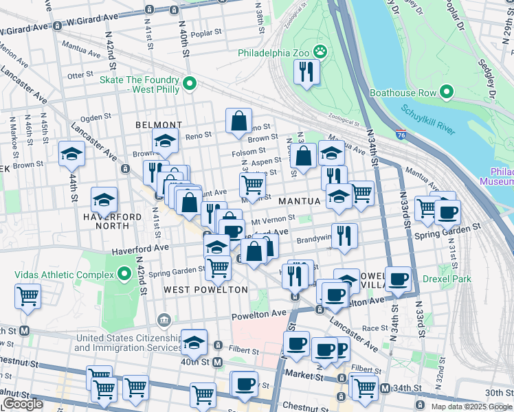 map of restaurants, bars, coffee shops, grocery stores, and more near 3853 Wallace Street in Philadelphia