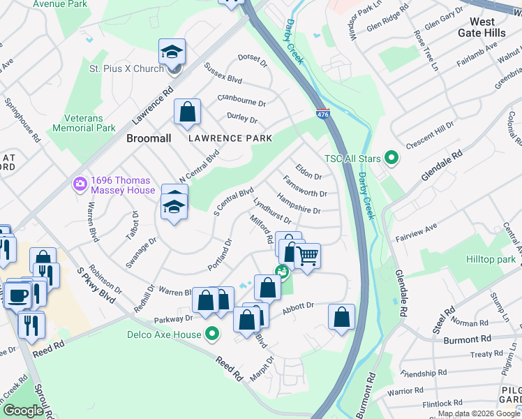 map of restaurants, bars, coffee shops, grocery stores, and more near 401 Portland Drive in Broomall