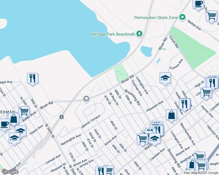 map of restaurants, bars, coffee shops, grocery stores, and more near 4741 River Road in Pennsauken