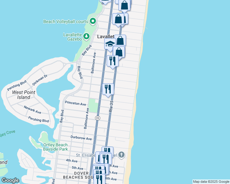 map of restaurants, bars, coffee shops, grocery stores, and more near 1806 Grand Central Avenue in Lavallette